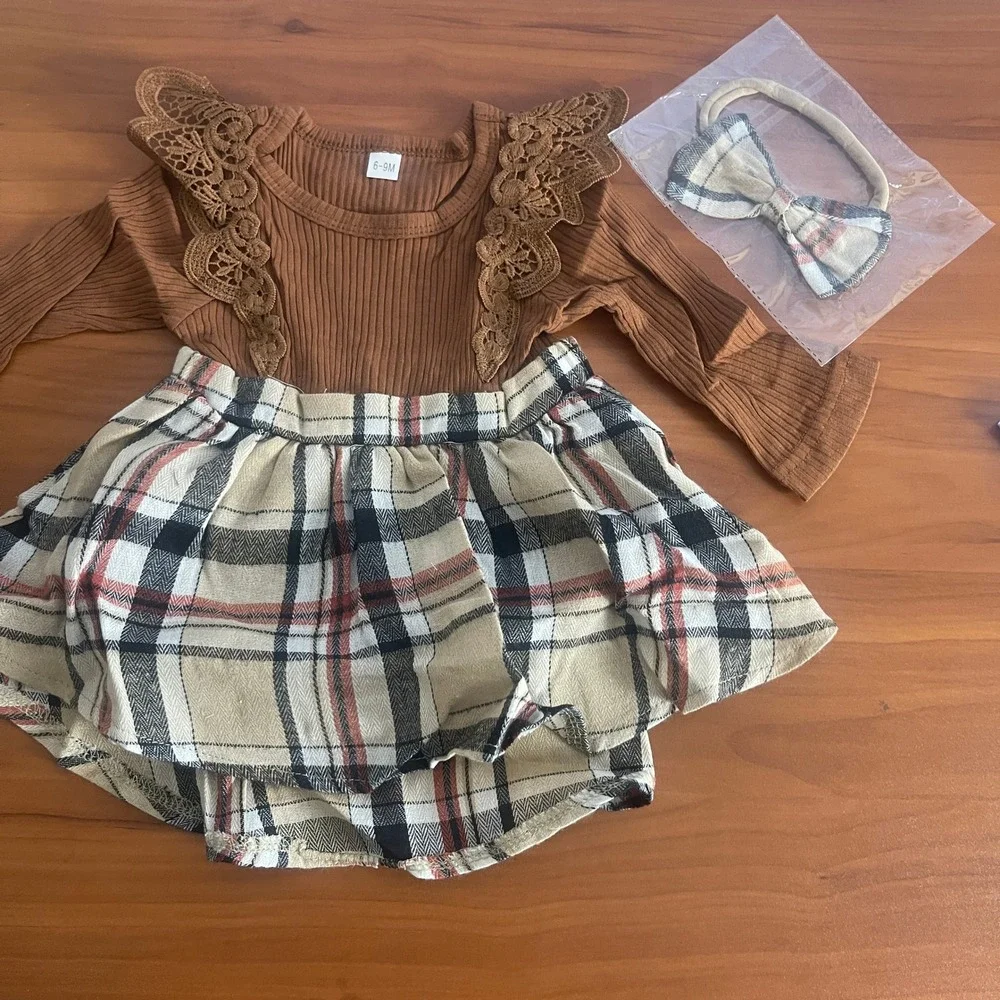 Baby Girls Rust Brown‎ Ribbed Top and Plaid Skirt Set 3-Piece Outfit 6-9 Months